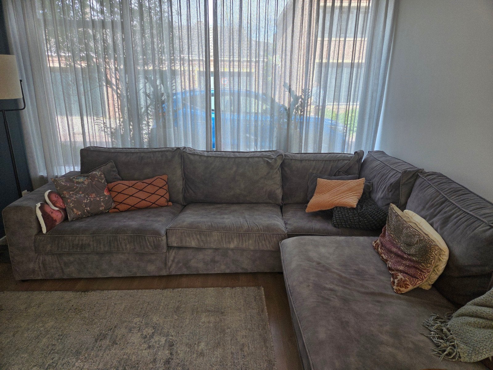 Groengrijze velours loungebank, Ophalen, Gebruikt, Stof, Lounche