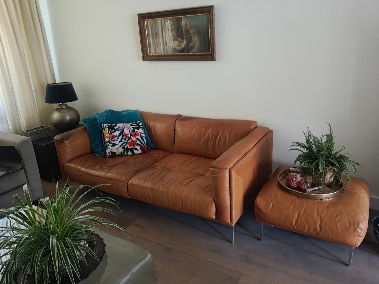 Cognackleurige Leren Bank met Hocker (200x100cm), Huis en Inrichting, Banken | Bankstellen, Ophalen, Gebruikt, Driepersoons, Rechte bank