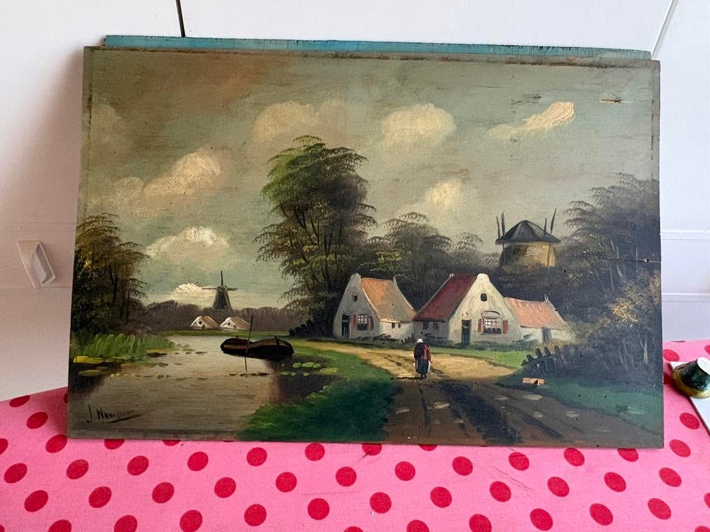 1872 schilderij R van R hollands landschap molen boot water, Antiek en Kunst, Kunst | Schilderijen | Klassiek, Ophalen