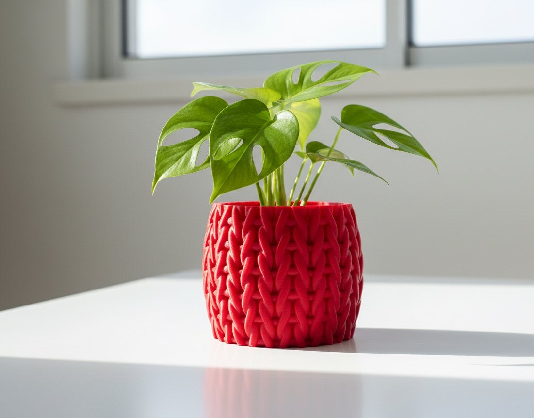 Rode Bloempot met Gebreid Patroon, Kunststof, Verzenden, Rond, Binnen