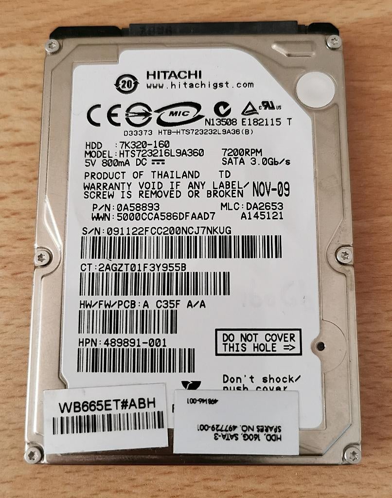 Hitachi HTS723216L9A360 Laptop HDD 160 GB 2,5 inch 7200 rpm, Intern, Zo goed als nieuw, Laptop, Hitachi
