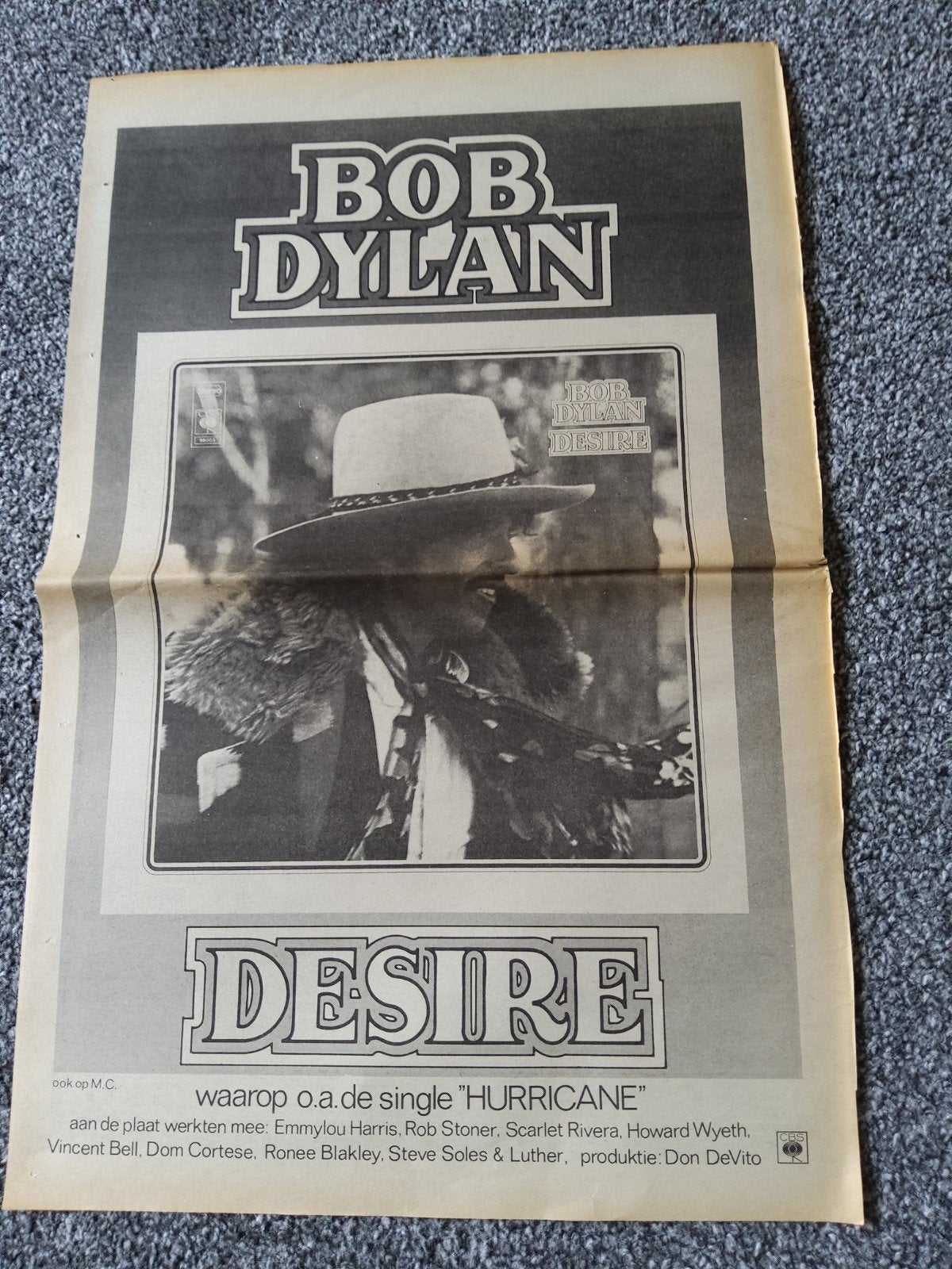Bob Dylan:  Promo  Desire    A3 FORMAAT, Ophalen of Verzenden, Zo goed als nieuw, Foto of Kaart