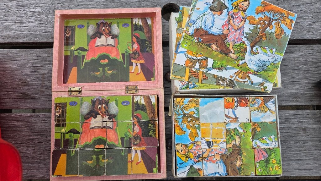Vintage houten blokken puzzels (2x), 2 tot 4 jaar, Gebruikt, 10 tot 50 stukjes, Ophalen of Verzenden