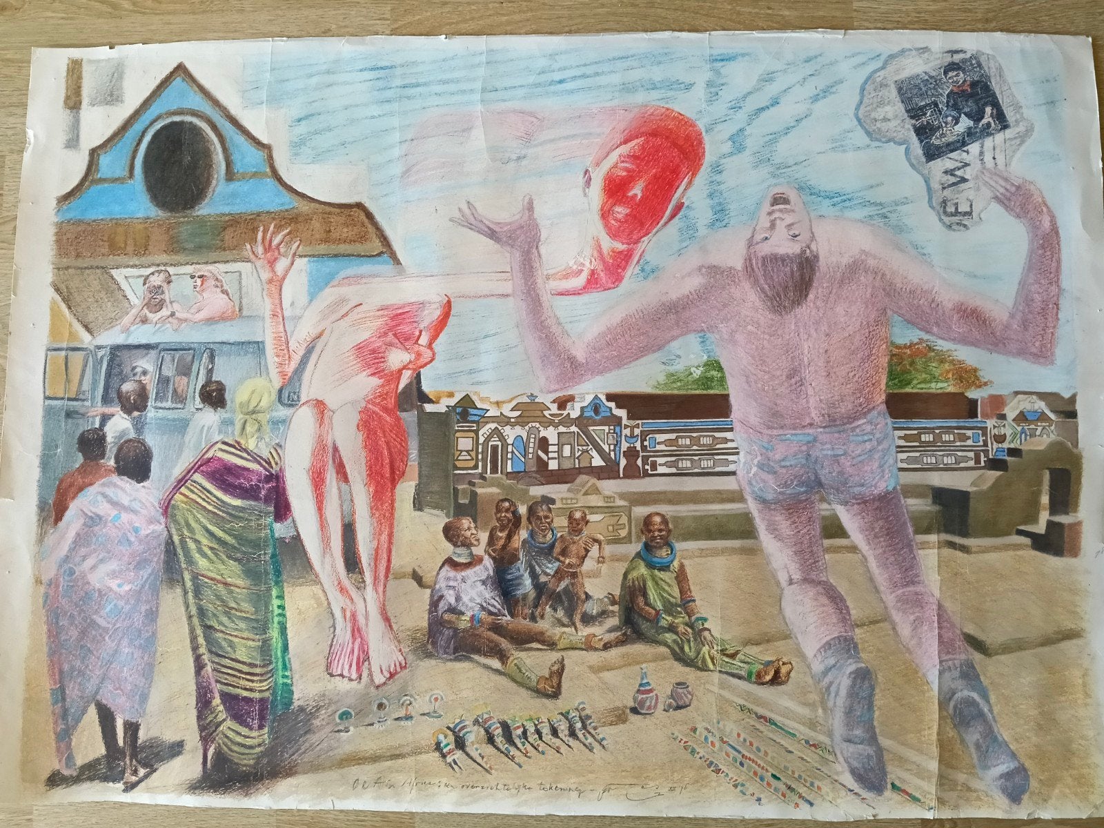 Bijzondere tekening 'Oranje in Africa' uit 1976, Ophalen of Verzenden, Tekening, Krijttekening, Origineel