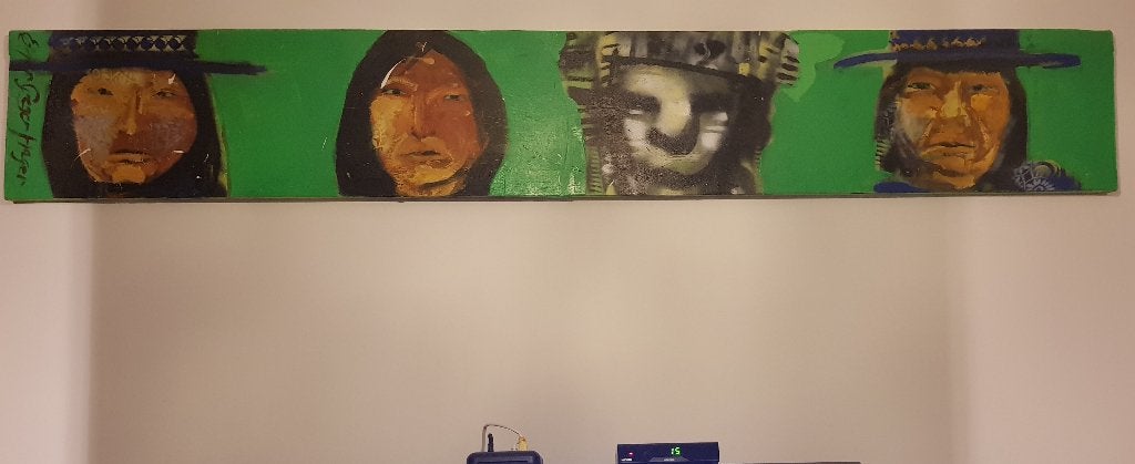 Espen Greger Hagen en Herman Brood schilderij 32x212cm groot, Ophalen, Op houten frame, Textiel, Figuren