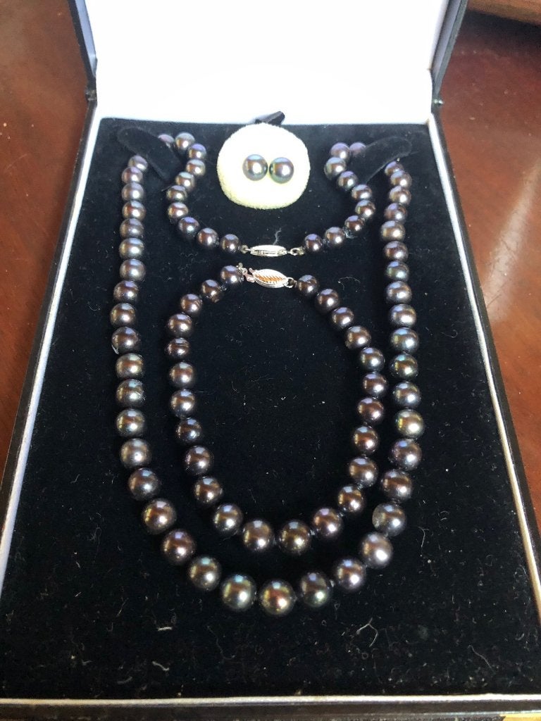 Parel ketting antraciet met armband en oorstekers, Sieraden, Tassen en Uiterlijk, Kettingen, Zo goed als nieuw, Overige materialen