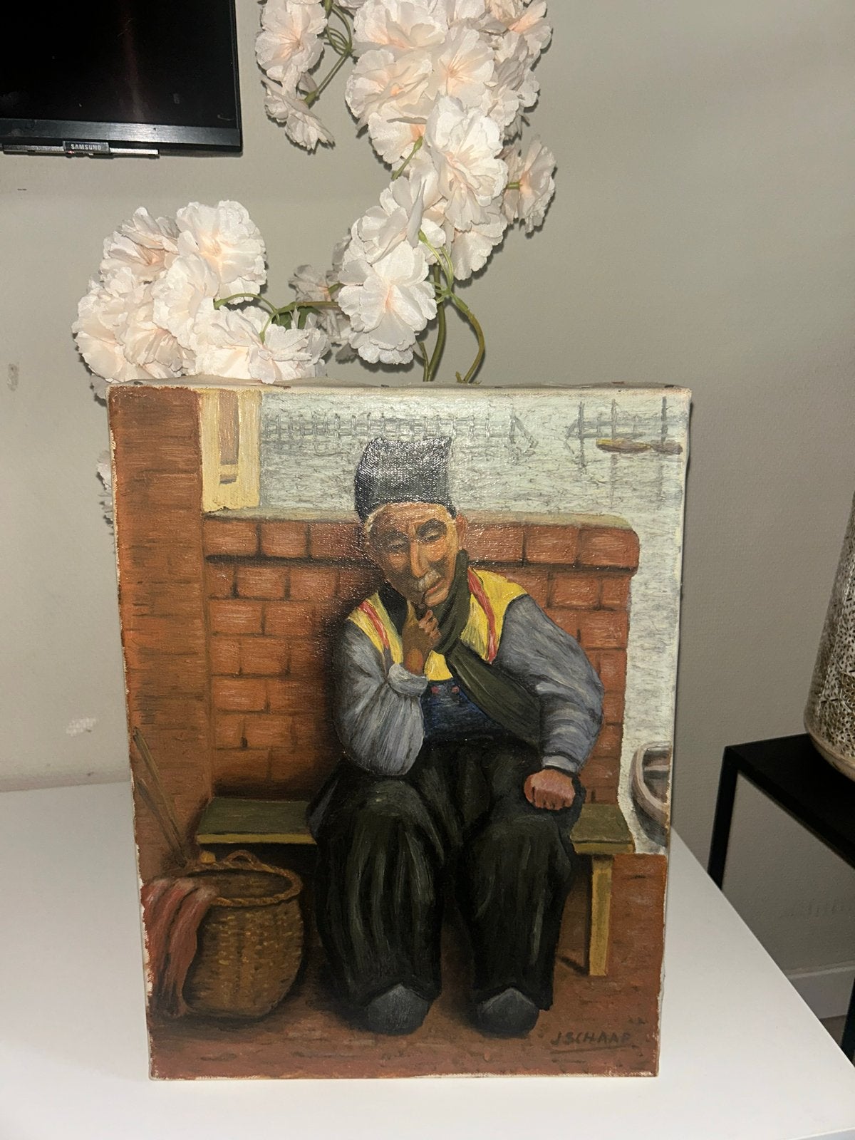 Olieverfschilderij 'Visserman' gesigneerd J. Schaap, Doek, Portret of Personen, Realistisch, Ophalen of Verzenden