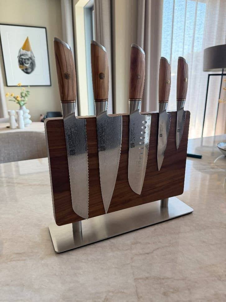 Xinzuo Damascus Messenset + Magnetisch Walnotenhouten Blok, Ophalen of Verzenden, Nieuw, Rvs of Chroom, Bestekset