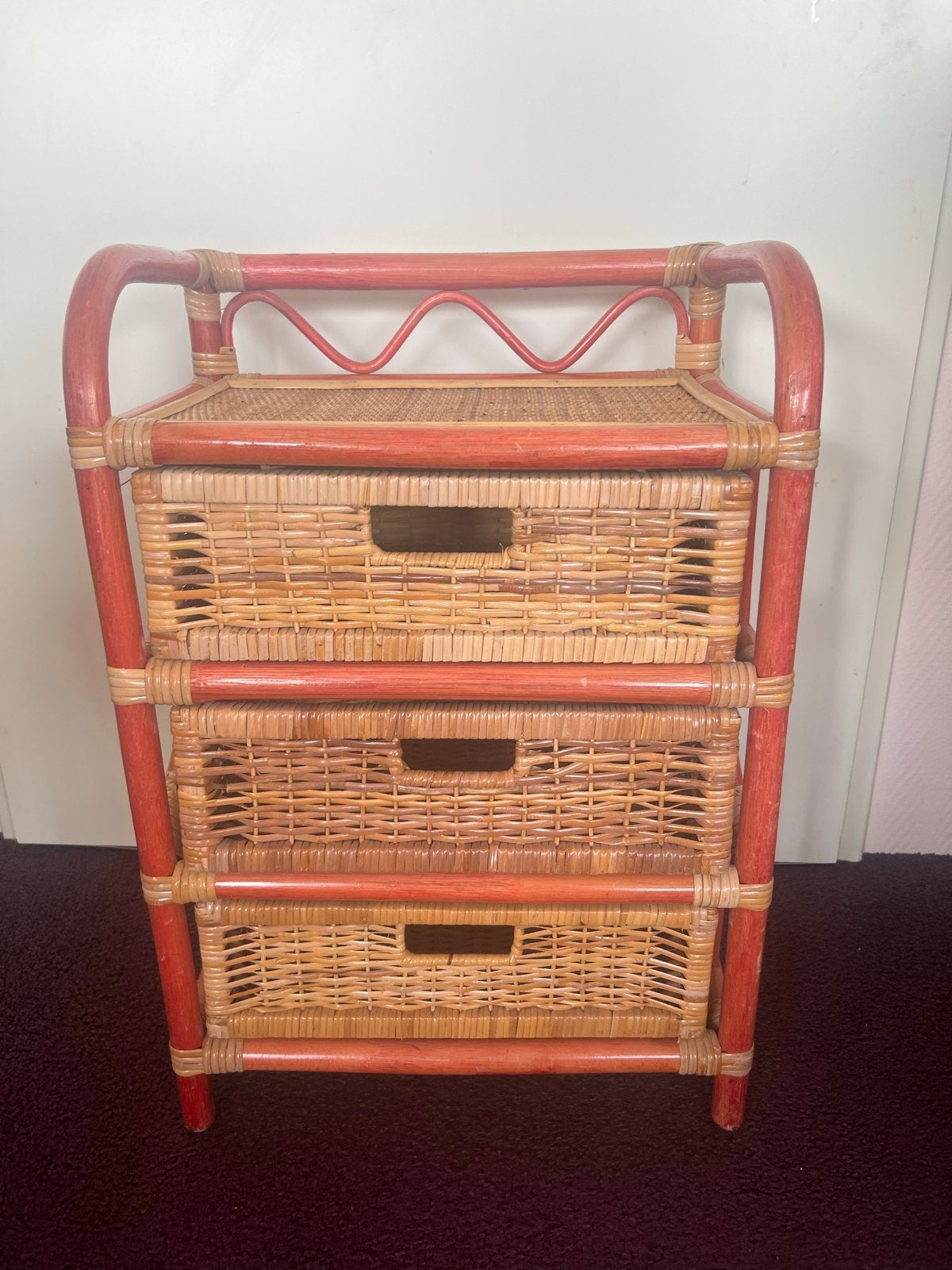 Vintage rotan riet ladekastje met 3 lades, Ophalen, Minder dan 50 cm, Gebruikt, 3 of 4 laden