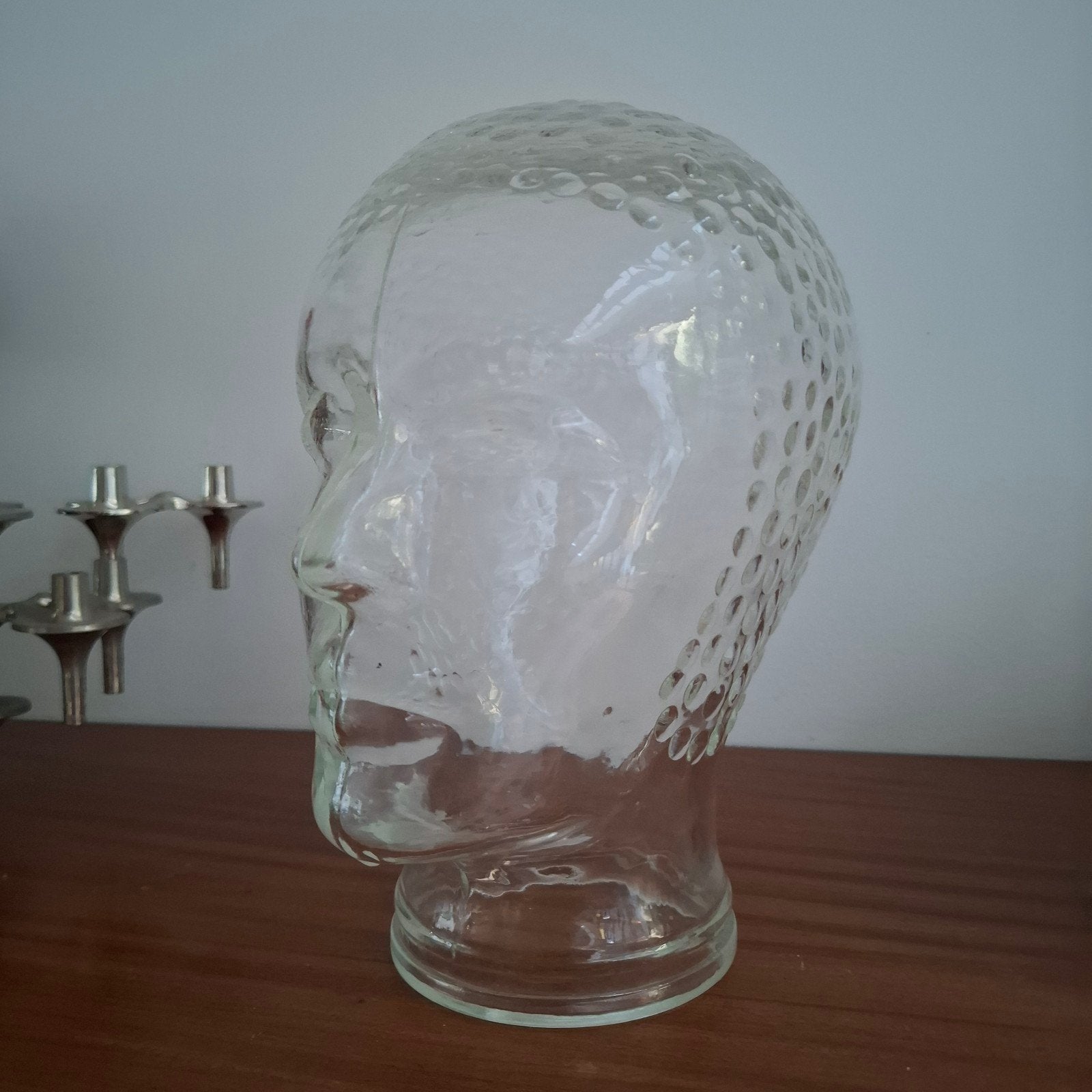 vintage glazen hoofd design object, Huis en Inrichting, Ophalen of Verzenden, Zo goed als nieuw, Glas, Vintage