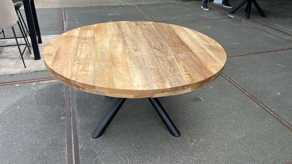 Tafel Massief mango dik Mango blad rond 150 cm B-keus, Ophalen, Rond, Zo goed als nieuw, Overige houtsoorten