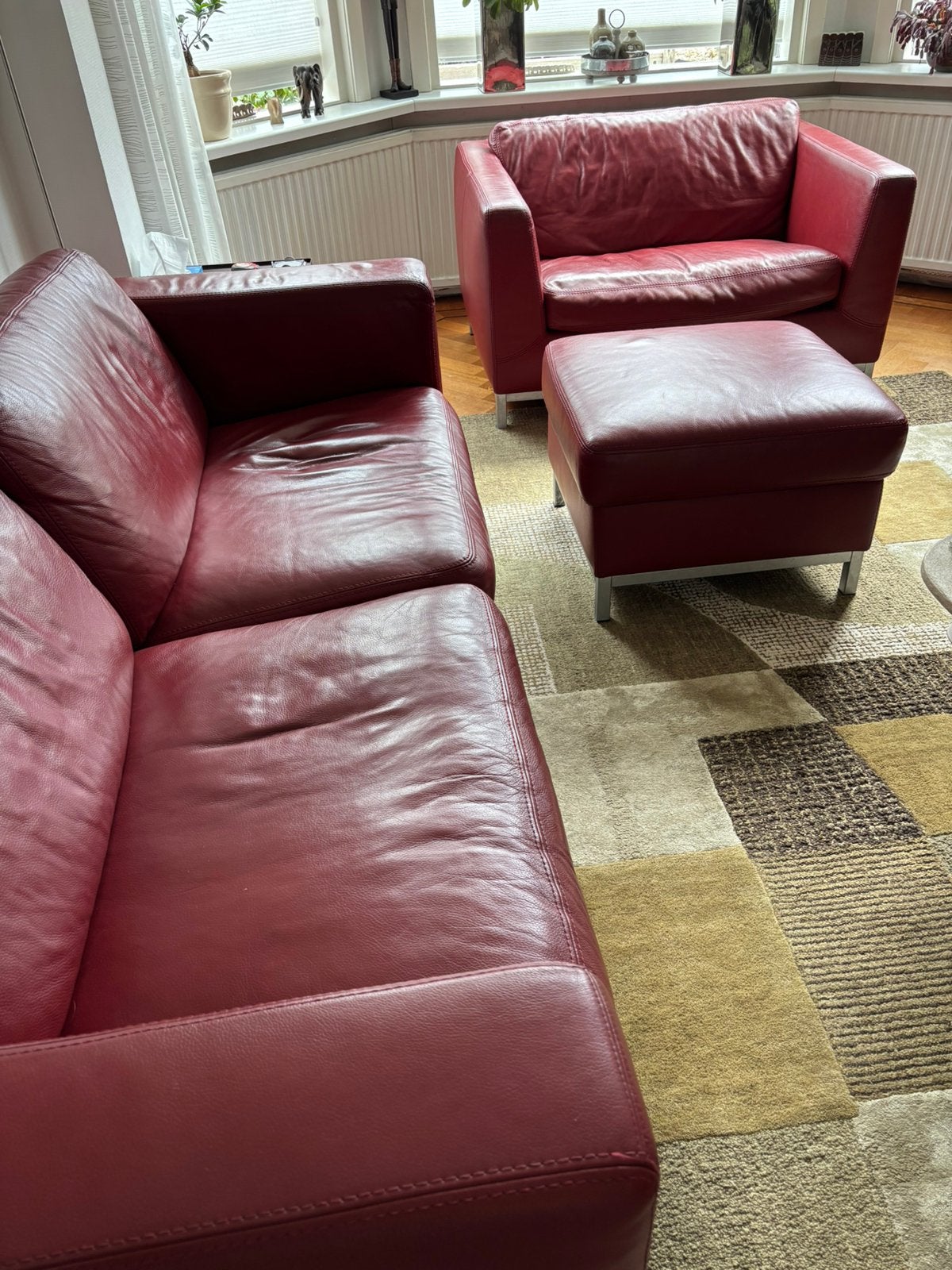 Machalke 3 zits bank, love seat en hocker, Ophalen, Gebruikt, Leer