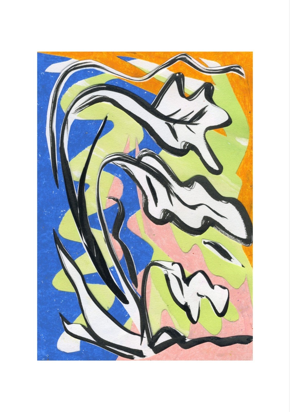 Blue V - Botanisch abstracte mixed media collage, Ophalen of Verzenden