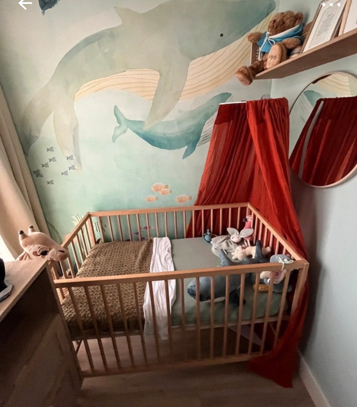 Ledikantje met piekstok, hemeltje en sluier (roestbruin/beig, Kinderen en Baby's, Ophalen, Gebruikt, 70 tot 85 cm, 140 tot 160 cm