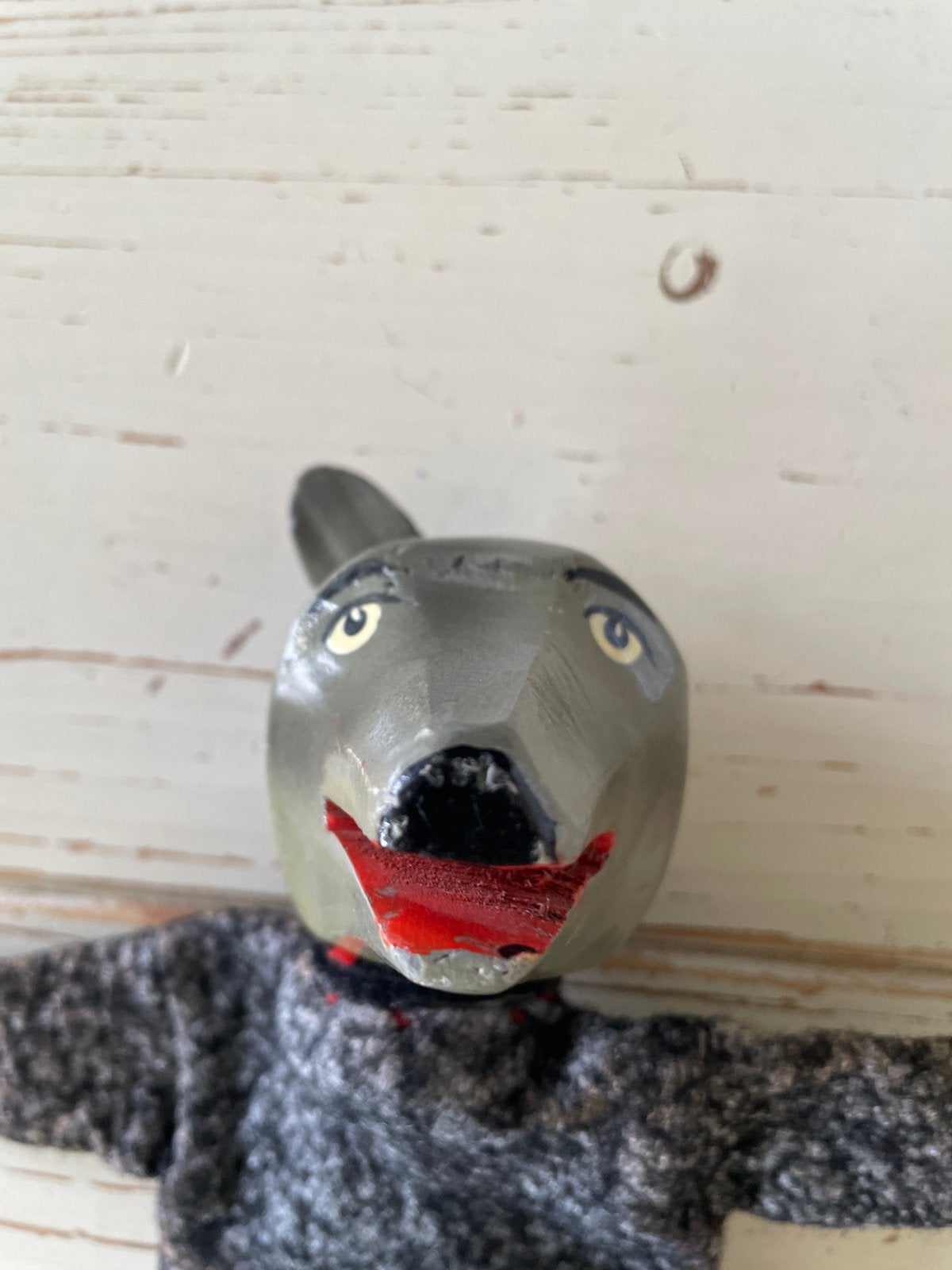 Vintage handpop wolf - Houten kop - Grijs, Ophalen of Verzenden, Gebruikt, Overige typen