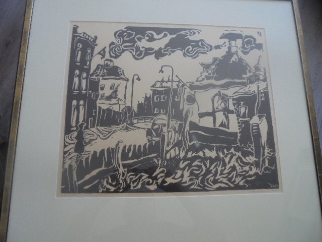 De Ploeg - Arie Zuidersma  druk v.d. Bonte Brug in Groningen, Antiek en Kunst, 68 cm, 1950 - 1999, Stadsgezicht, Ophalen of Verzenden