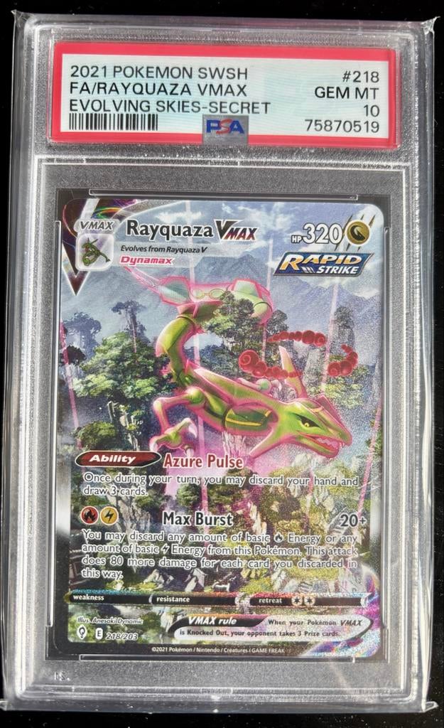 Rayquaza VMAX 218/203 PSA 10 - Evolving Skies Secret Rare, Ophalen of Verzenden, Nieuw, Losse kaart, Foil