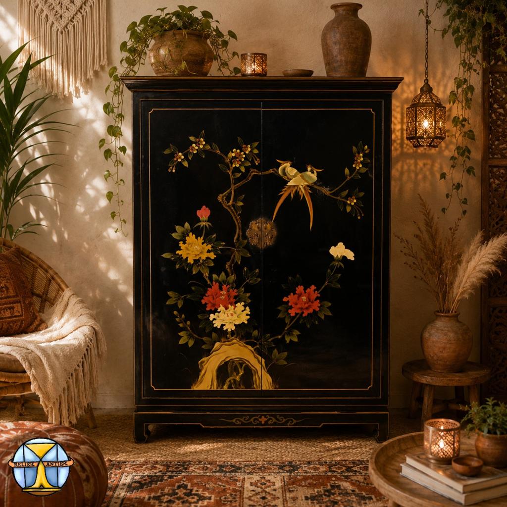 Vintage Chinese zwarte lakkast vogels en bloemen bohemian, Antiek en Kunst, Ophalen of Verzenden