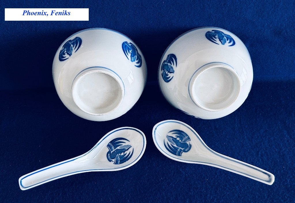 2x Rijstkom + 2x Lepel Phoenix Feniks Soepkom China vintage, Ophalen
