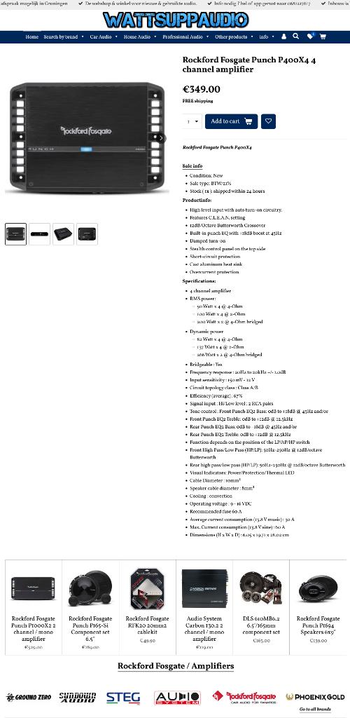 Rockford Fosgate Punch P400X4 4 kanaals versterker, Audio Design, Nieuw, Am Breilingsweg 3, 76709 Kronau, Duitsland, Ophalen of Verzenden