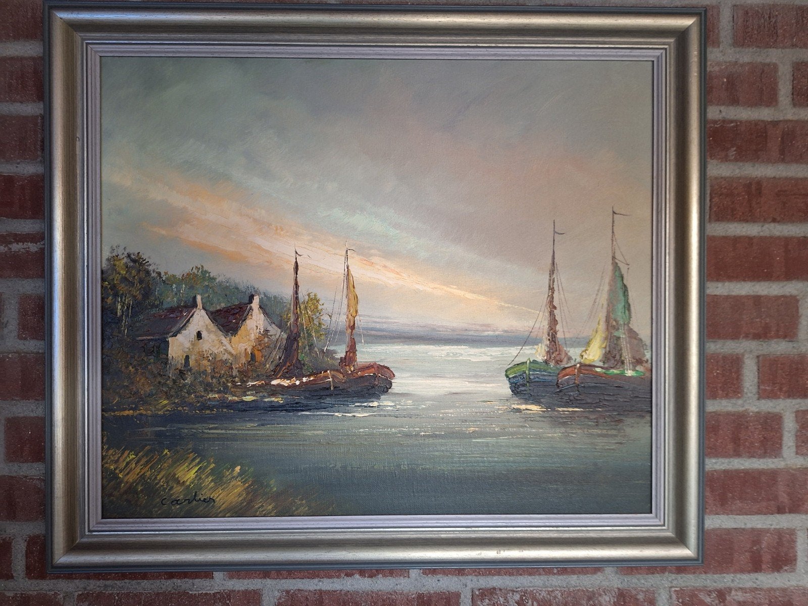 Schilderij: Maritiem tafereel met boten en huizen, Ophalen