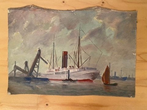 industriële haven schilderij, Maritiem / water, Doek, Ophalen of Verzenden, Olieverf