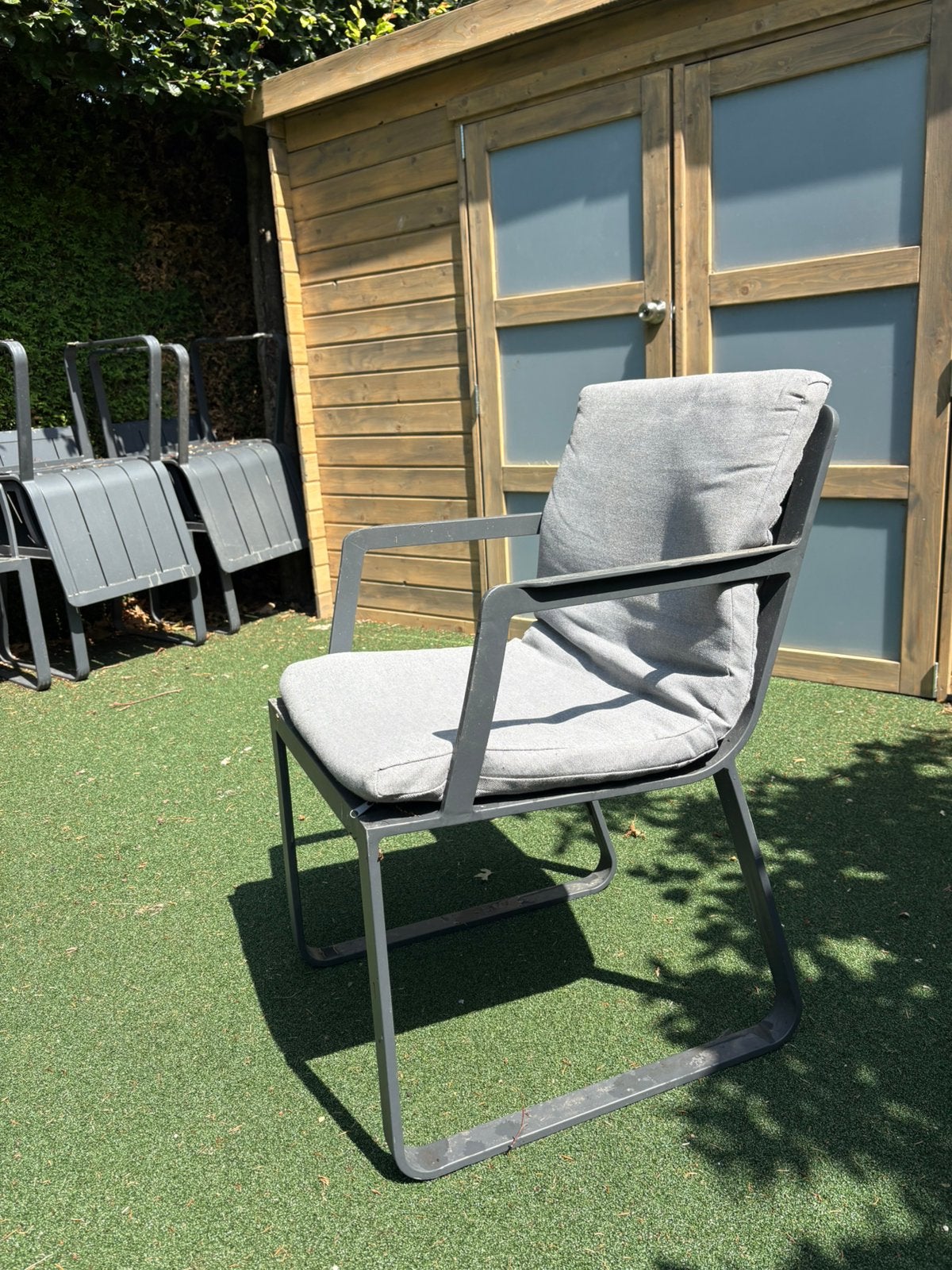 6 stalen tuinstoelen, incl. kussens, Ophalen, Gebruikt, Metaal