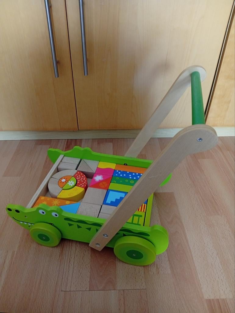 Houten loopwagen met blokjes, Ophalen, Zo goed als nieuw, Duw- of Trekspeelgoed