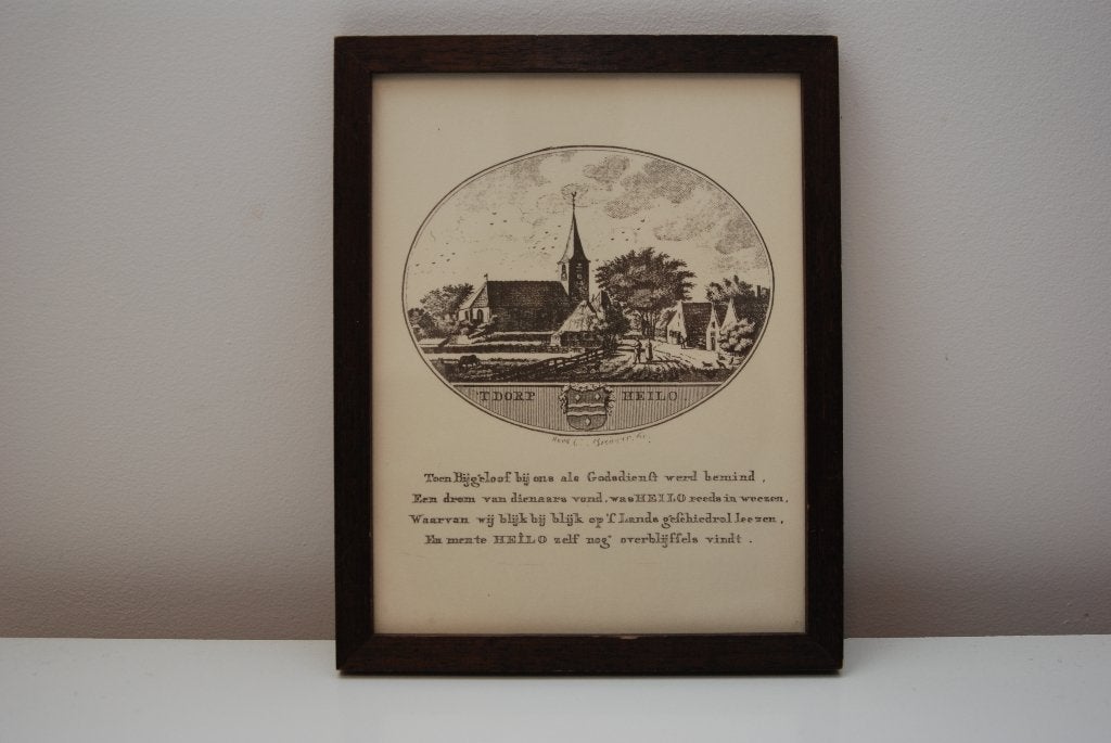 Oude prent Heiloo, Ophalen of Verzenden, Stadsgezicht, Gravure, Ingelijst
