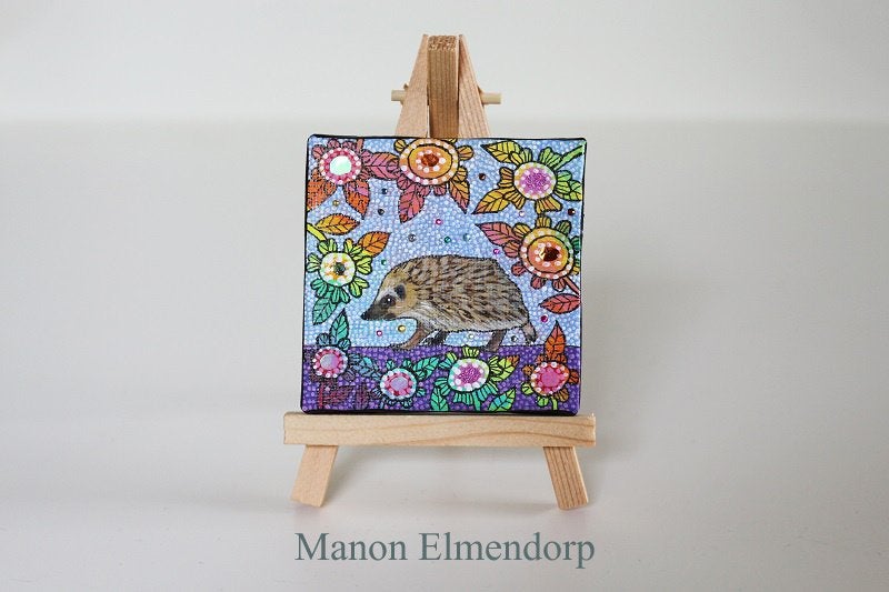 incl. Ezeltje: Uniek Handgeschilderd Schilderijtje Egeltje, Antiek en Kunst, Acrylverf, Ophalen of Verzenden, Dieren, Overige materialen
