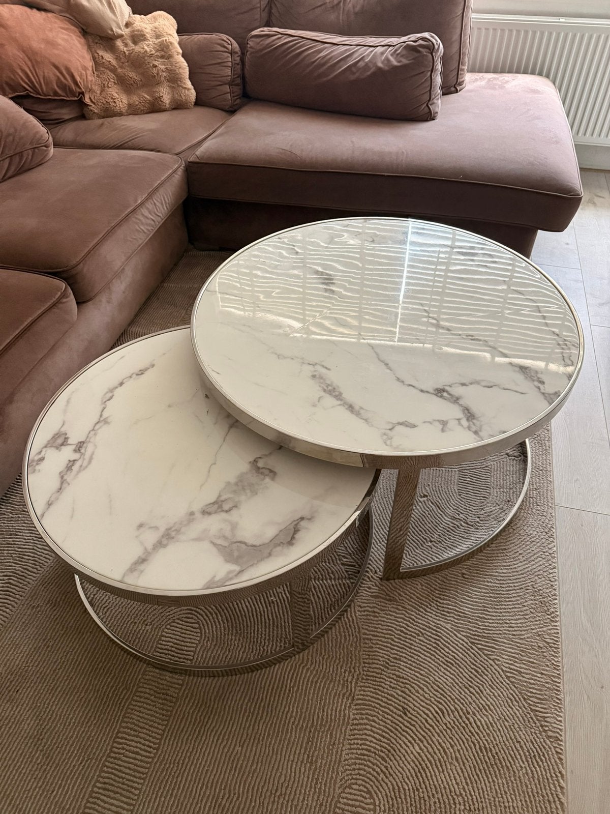 Mooie salontafel set rond marmer grijs/ wit, Ophalen, Zo goed als nieuw, Rond, 50 tot 100 cm