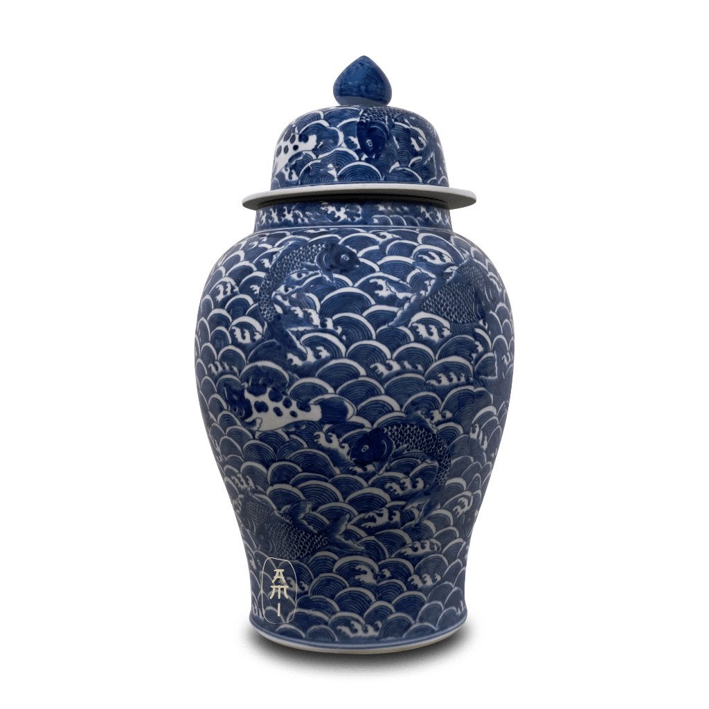 Grote Chinese Gemberpot met Vissen en Zee Decor 70 cm, Tuin en Terras, Bloempotten, 25 tot 40 cm, Rond, Ophalen of Verzenden, Aardewerk
