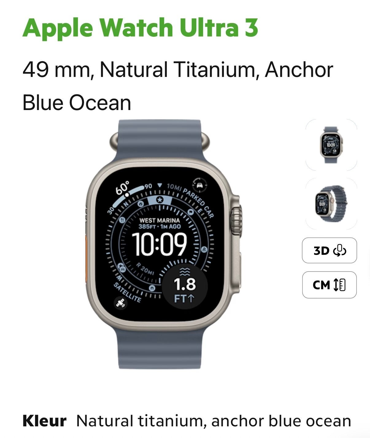 Apple Watch Ultra 3 49mm Natural Titanium Anchor Blue Ocean, Afstand, Blauw, IOS, Nieuw