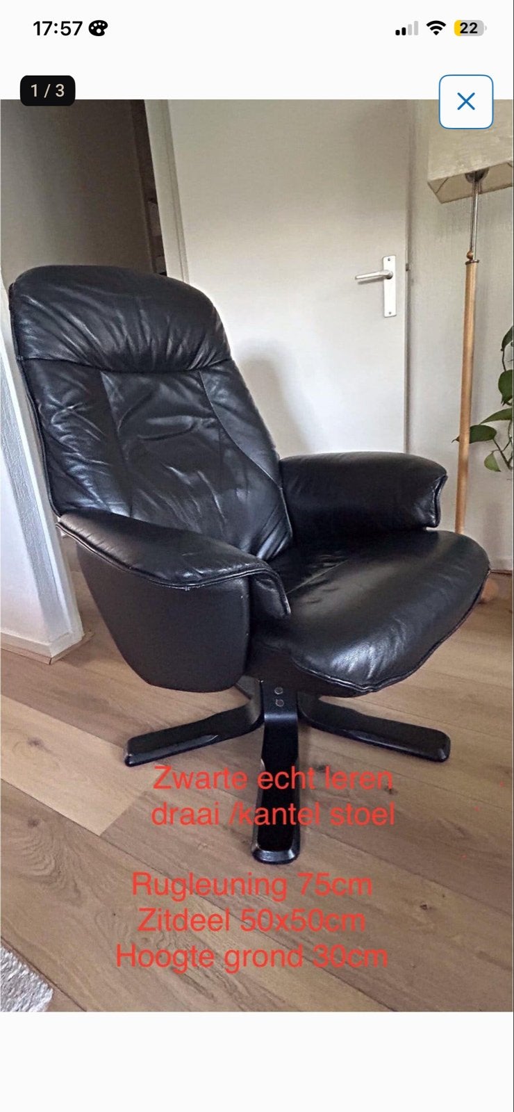 Zwarte echt leren draai/kantelstoel met voetenbank, Ophalen, Gebruikt, Zwart, Leer