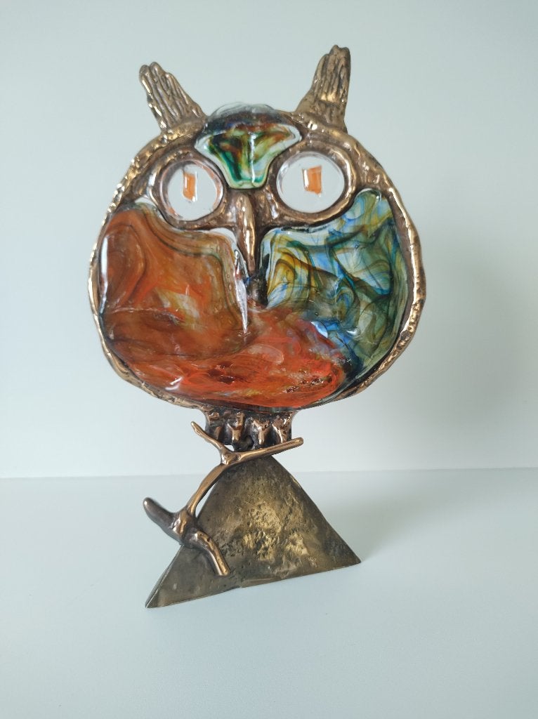 Yves lohé - Frankrijk -  uil in brons en glaspasta, Meerkleurig, Object, Ophalen of Verzenden, Handgemaakt