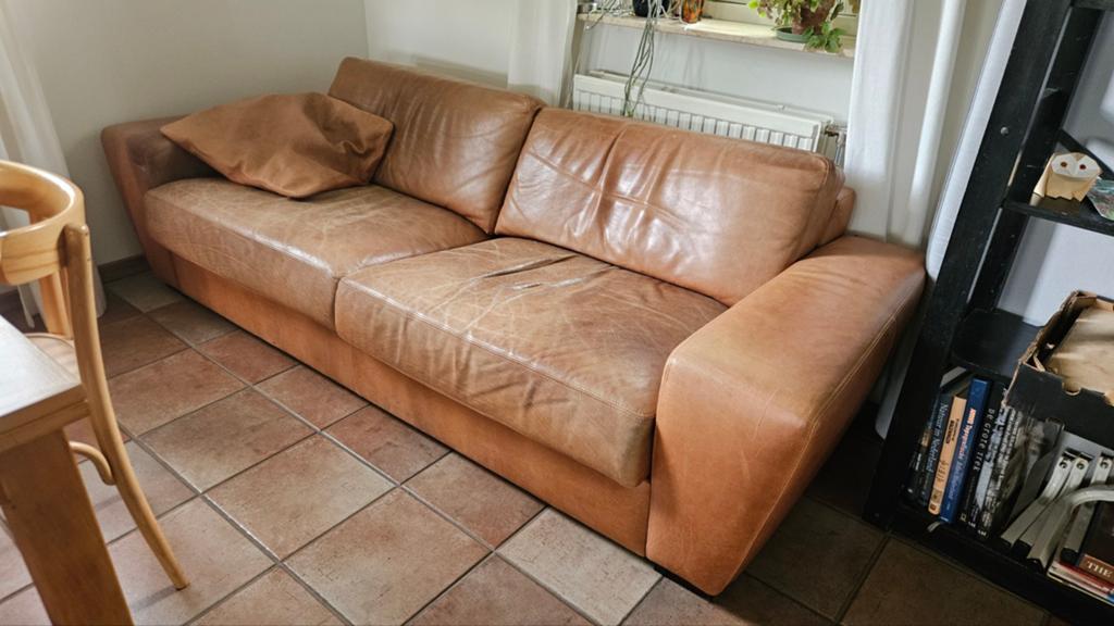 Echt leren 3-zits bank, cognac, Ophalen, Gebruikt, Driepersoons, 200 tot 250 cm