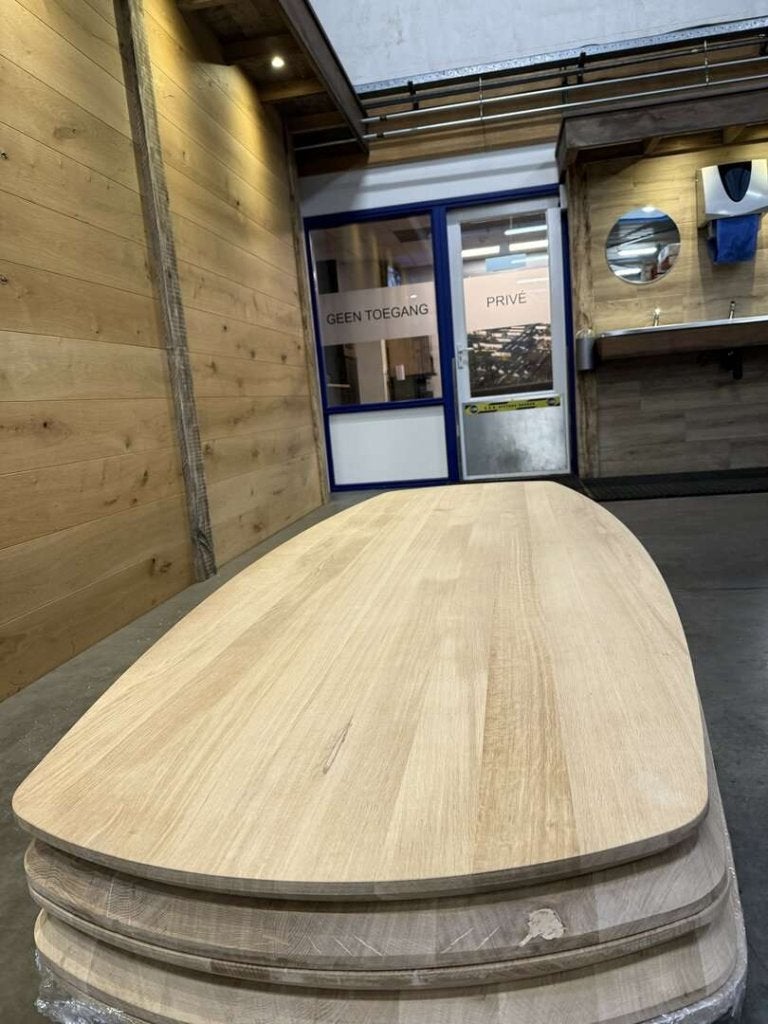 Eikenhouten grote en brede ovale tafelbladen bijna foutvrij!, Hout@hameren.nl, Hertog van beijerenstraat 2a, Eikenhout, Nieuw