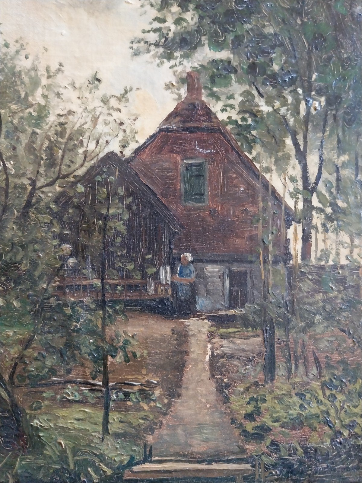 Goed werk..Hollands Landschap met Boerderij en Vrouw, Ophalen of Verzenden