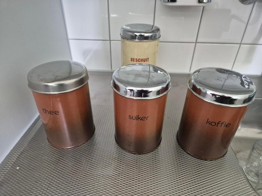 Vintage voorraadblikken: thee, suiker, koffie, beschuit, Ophalen of Verzenden