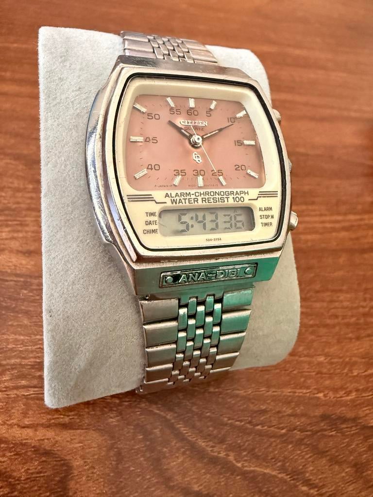 Rare Salmon Dial 1981 Citizen Ana-Digi 41-8498, Gebruikt, Staal, Ophalen of Verzenden, Polshorloge