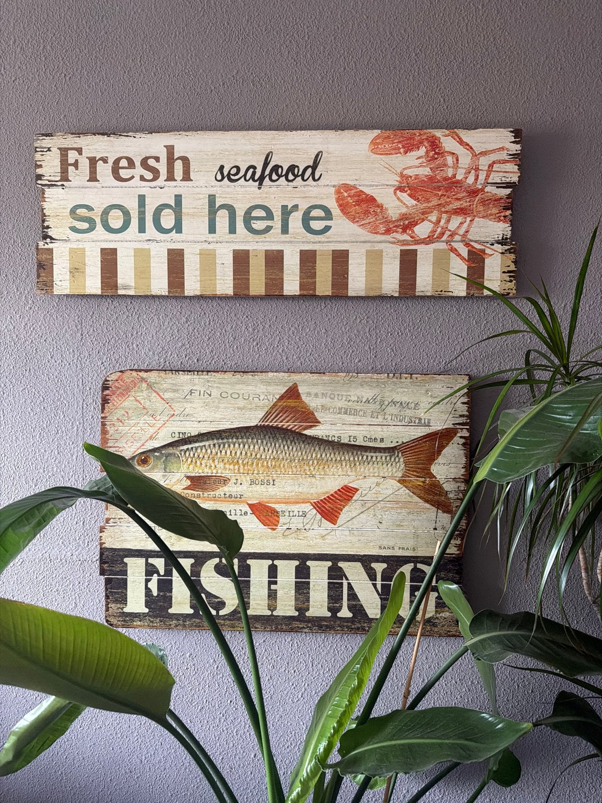 Vintage houten wanddecoratie: 'Fresh Seafood' & 'Fishing', Ophalen, Gebruikt, Hout, Wandbord of Wandpaneel