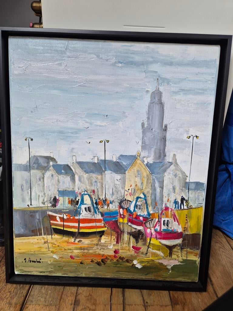 Schilderij van J. Buschi: Haven met boten en kerktoren, Antiek en Kunst, Kunst | Schilderijen | Klassiek, Ophalen