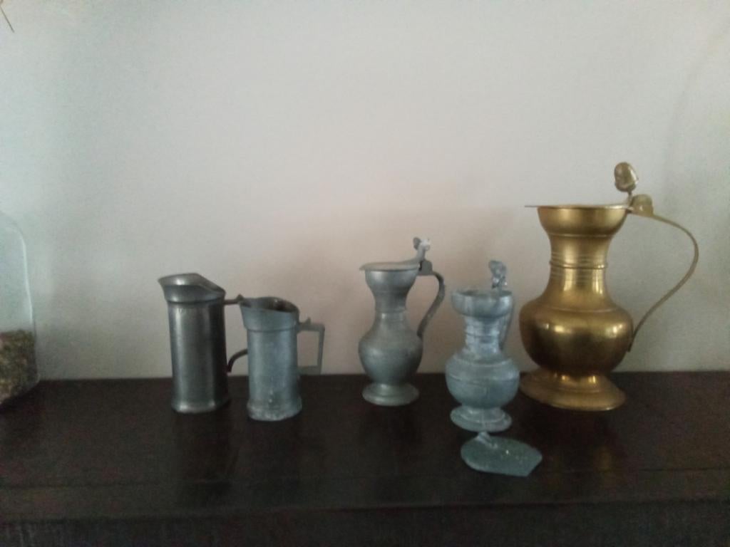 tinnen kanetjes en een koperen kan, Antiek en Kunst, Antiek | Tin, Ophalen of Verzenden