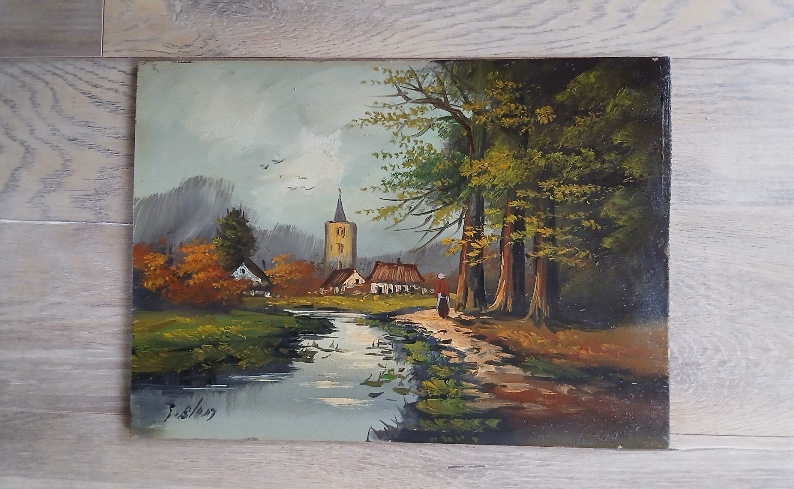 Schilderij # Dorp aan het beekje, Ophalen of Verzenden