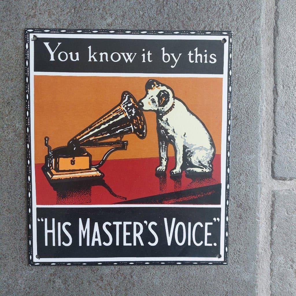 Emaille Reclamebord-His Master's Voice - You know it by this, Ophalen of Verzenden, Zo goed als nieuw, Reclamebord