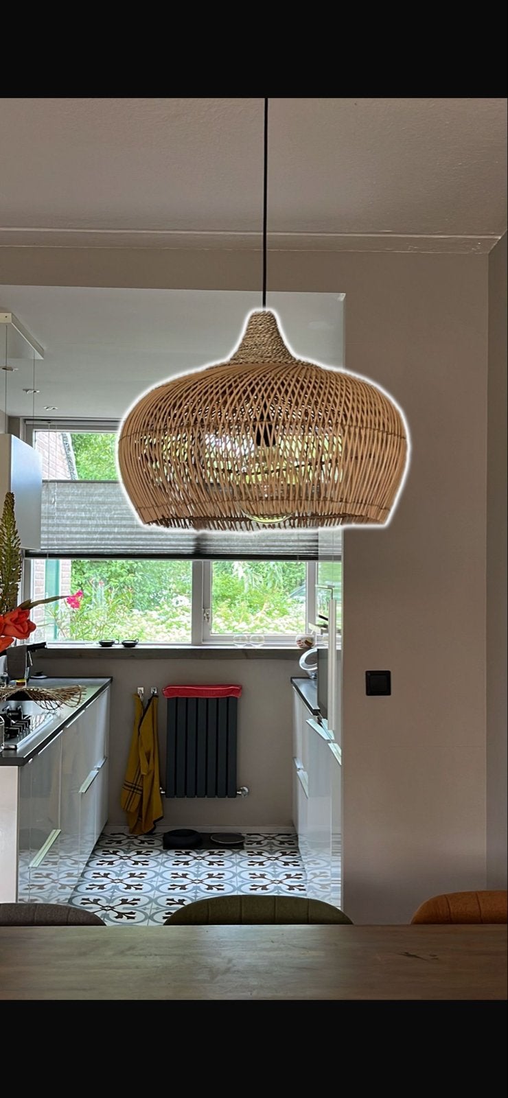 Rotan hanglamp - Boheemse stijl, Ophalen of Verzenden, Zo goed als nieuw, Natuurlijk materiaal, E27 (groot)