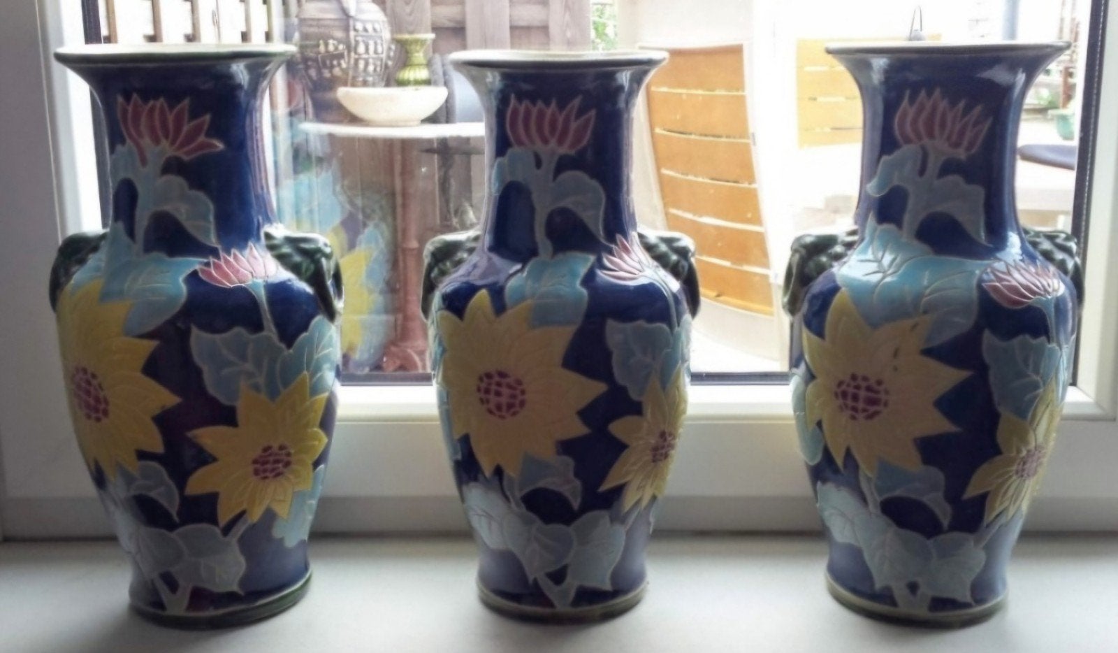 3 mooie vintage nacht blauwe keramische vazen., Ophalen