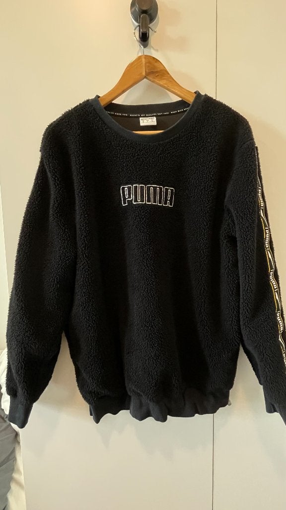 PUMA Black Sherpa Fleece Logo Sweatshirt with Sleeve Tape, Puma, Zwart, Ophalen of Verzenden, Zo goed als nieuw