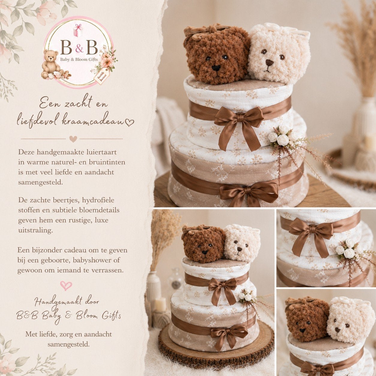 Designer Kraamcadeau Luiertaart met Knuffelbeertjes, Kinderen en Baby's, Ophalen of Verzenden, Nieuw, Kraamcadeau