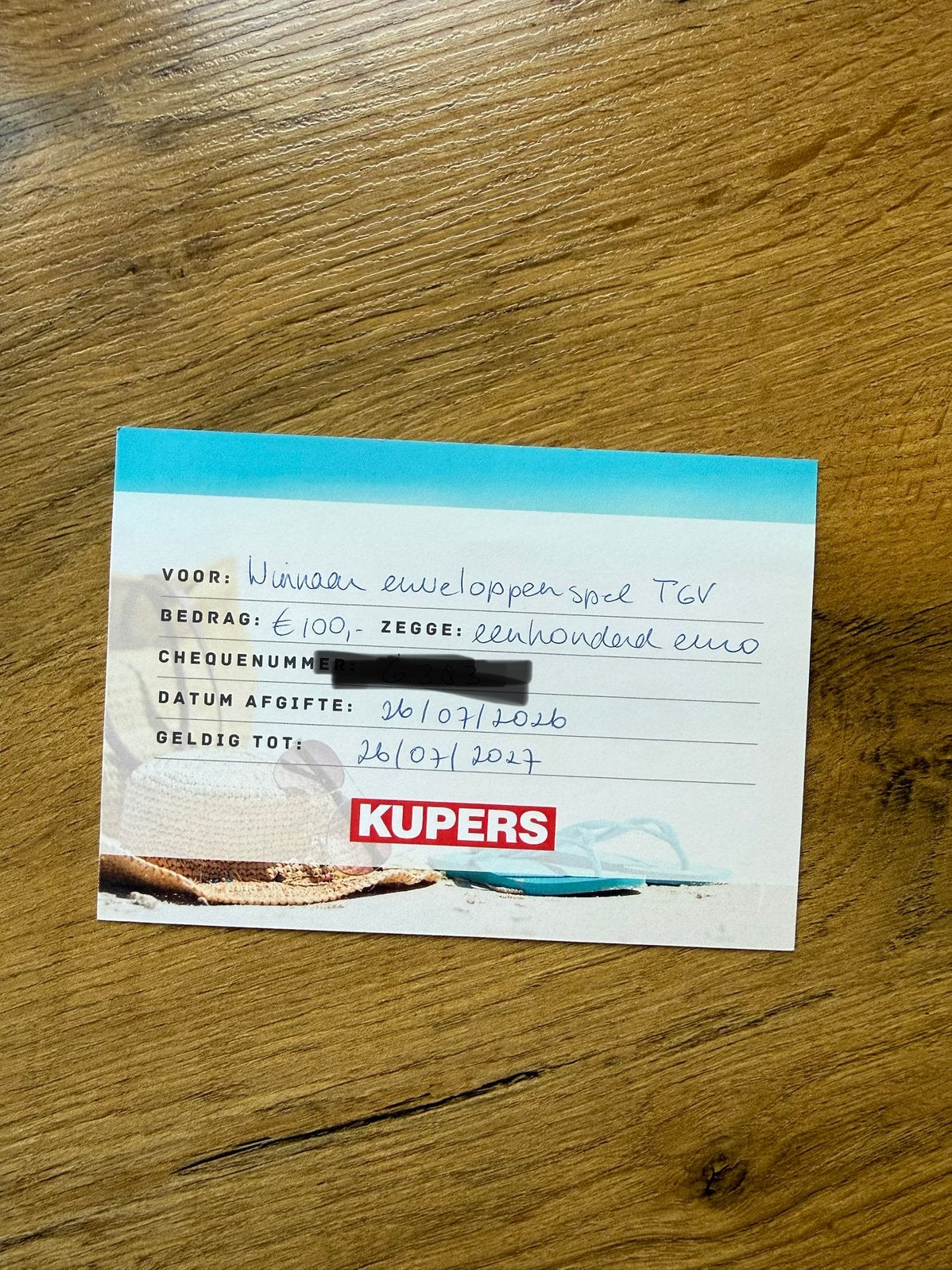 Cadeau kaart Kupers, Eén persoon, Cadeaubon